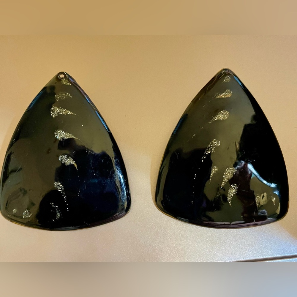 Vintage black art deco large enamel on copper triangles with silver glitter.